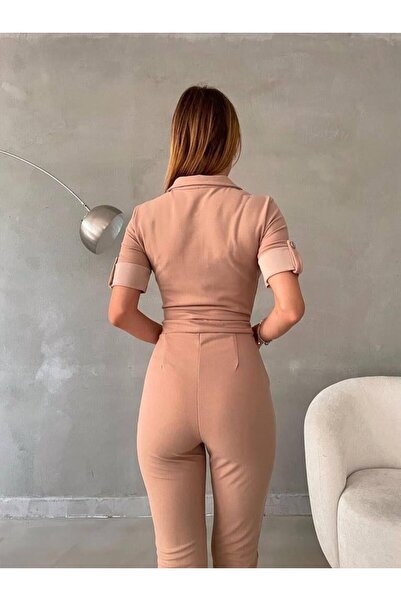 Modafeminen Zippered imported crepe fabric overalls 582020 beige