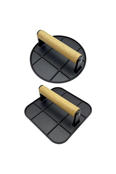 Flippy Presă manuală pentru carne, aliaj de aluminiu cu mâner din lemn, pătrată 16x16x6 cm, neagră