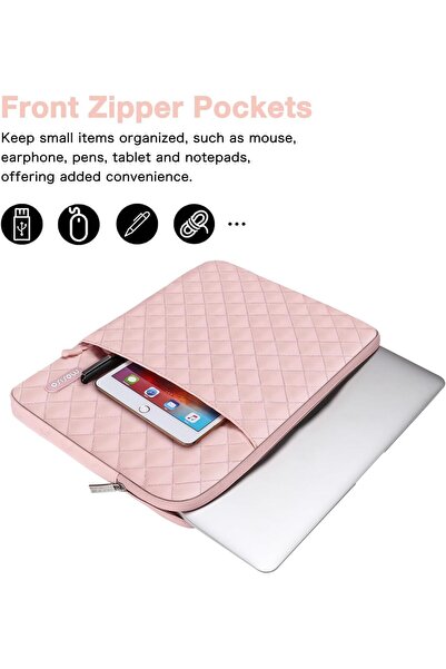 Mosiso Laptop Case 15-inch Quilted Sleeve with Pocket & Small Case, Chalk Pink