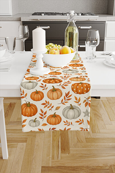 Else Dekor Orange Pumpkin Autumn Patterned Digital Printing Washable Decorative Runner 40X140Cm