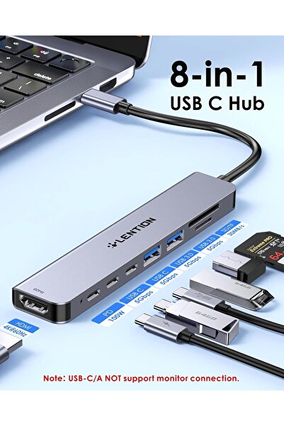 LENTION موزع USB C 8 في 1 مع HDMI بدقة 4K وتردد 60 هرتز، وشحن بقوة 100 وات، وبيانات USB C بسرعة 5 جيجابت في الثانية، ومنفذي USB 3.0 وبطاقتين
