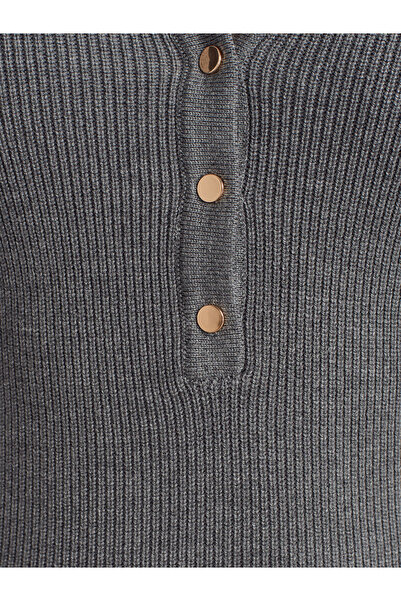 Dilvin 10686 Stand Collar Snap Fastener Knit Sweater-Smoked M.