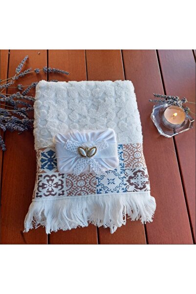esdekor Handmade Dowry Embroidered Cream Towel – Lace Bow in a Net Bag