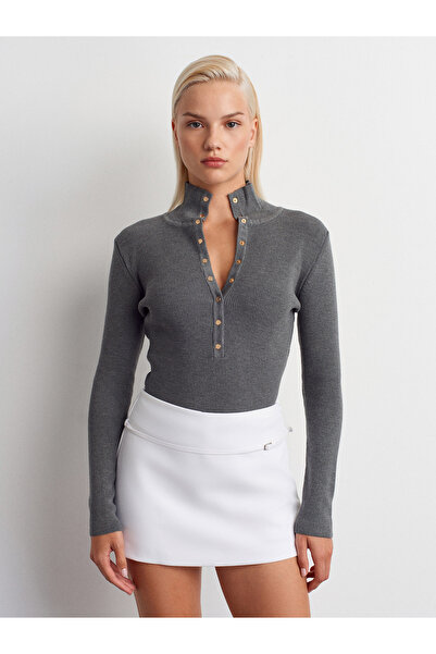 Dilvin 10686 Stand Collar Snap Fastener Knit Sweater-Smoked M.