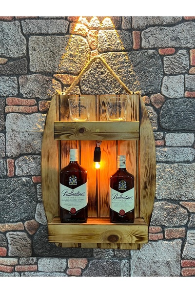 Göçmen ahşap ürünleri Ahşap Varil Görselli Işıklı Viski ve Bardaklık Duvar De...