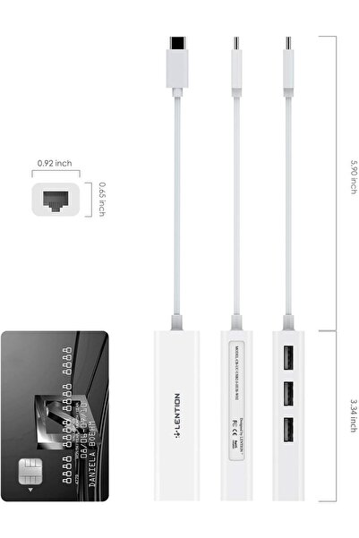 LENTION USB C to 3 USB 2.0 Ports Hub with RJ45 Ethernet LAN Adapter (White)