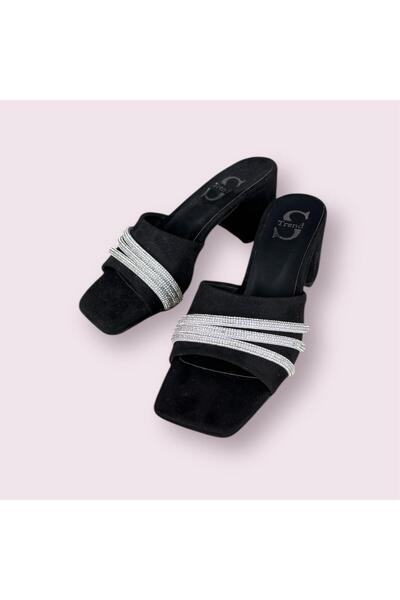 Serra Trendy Black Suede Stone-Heeled Slippers