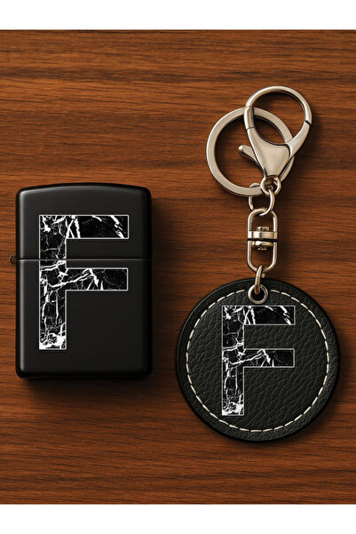 Cekuonline طقم ولاعة معدنية بنزين مطبوعة بنقوش وسلسلة مفاتيح جلدية فاخرة رخام F