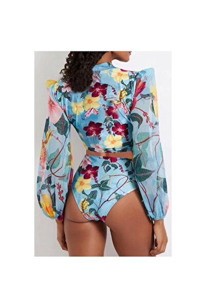 Mixbo One Piece Swimsuit, Long and Flowy Sleeves, Floral Print, Mixbo, size S