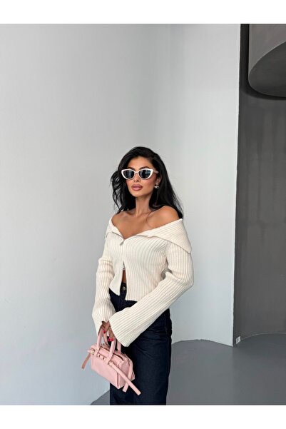 BEJNA Kadın Krem Çift Fermuarlı Madonna Yaka Fitilli Triko Hırka
