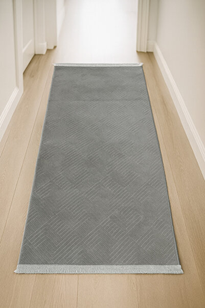 Merinos Rölyef Aden Klasik Saçaklı Kaymaz Taban Halı Yolluk Kilim Gri