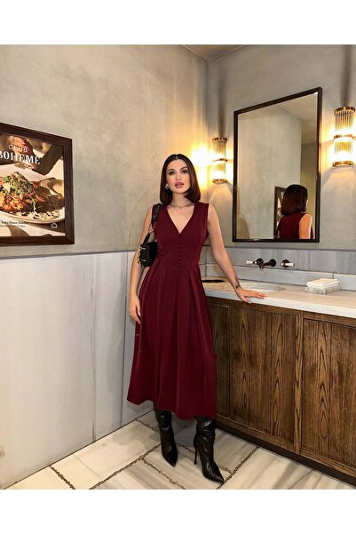 eley DBordo V yaka Düğme Detay Piliseli Elbise