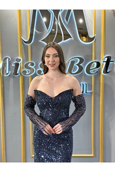 MissBetül Straplez Full Dantel Payetli Takma Kol Abiye Nişan Elbisesi