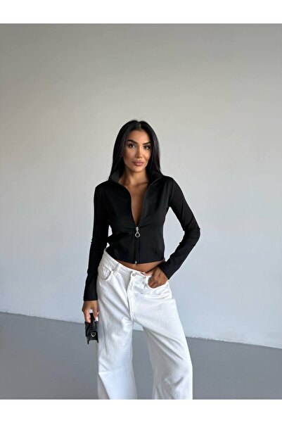 trendhazan سترة نسائية موسمية من قماش الغوص الأساسي ذو سحاب وتفاصيل تمرير الأ...