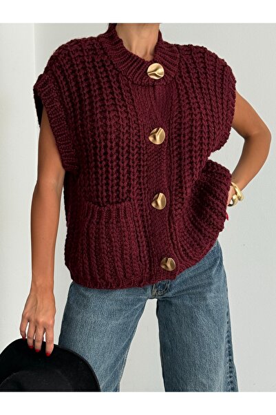 kenza'a Örgülü Önü Düğmeli Oversize Kolsuz Triko Yelek