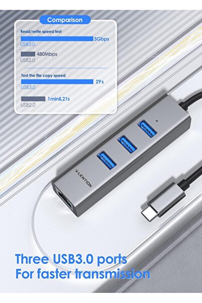 LENTION USB C Hub Ethernet Adapter (CB-C23s) - 3x USB 3.0 & RJ45, Space Gray