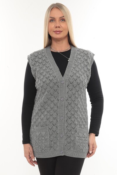 İKSUN Women's V-Neck Thick Wool Baklava Model Knitwear Buttoned Pocketed Winter Mother's Vest