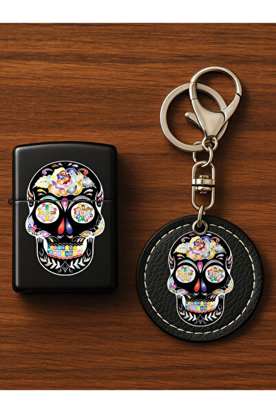 Cekuonline طقم ولاعة معدنية بنزين مطبوعة بنقوش وسلسلة مفاتيح جلدية فاخرة من آرت تاتو