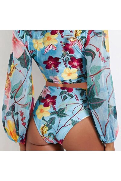 Mixbo One-Piece Swimsuit, Long Airy Sleeves, Floral Print, Size L