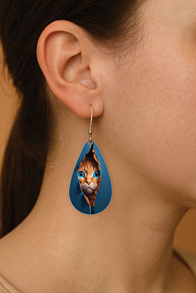 Cekuonline Kadın Küpe Bijuteri Özel Tasarım Desenli İkili Kancalı Damla Küpe MASUM BAKIŞLI KEDİ