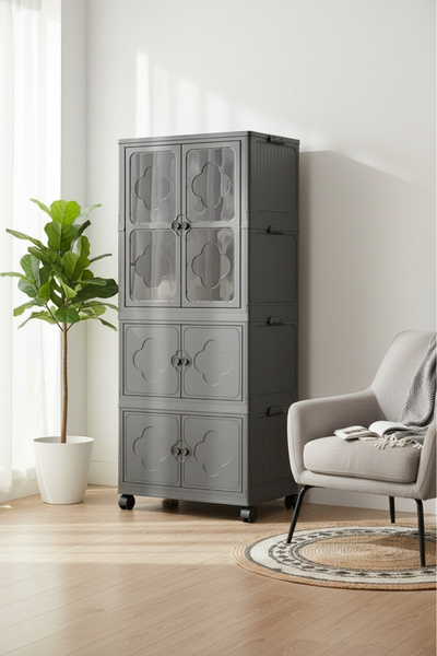 EVLE 3 Katlı Portatif Gardırop & Dolap – Tekerlekli, Katlanabilir, Çok Amaçlı, Kapaklı, Antrasit