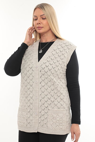 İKSUN Γυναικείο χειμερινό γιλέκο μαμάς με λαιμόκοψη σε σχήμα V από χοντρό μαλλί μοντέλο Baklava με τσέπες με κουμπιά