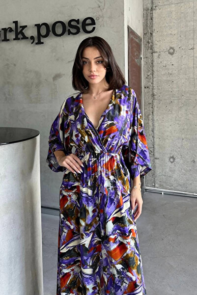 Zerenyus Woven Printed Bat Sleeve Dress Purple