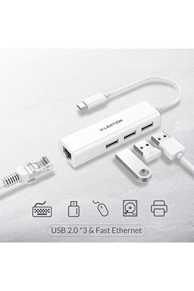 LENTION USB C to 3 USB 2.0 Ports Hub with RJ45 Ethernet LAN Adapter (White)