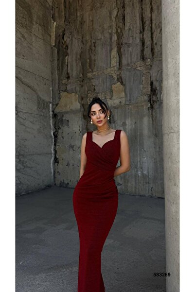 Modafeminen Flowers Stretch Fabric Shoulder Wide Straps Pleated Detail Evening Dress 583269 Red