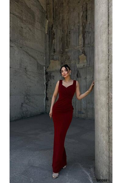 Modafeminen Flowers Stretch Fabric Shoulder Wide Straps Pleated Detail Evening Dress 583269 Red