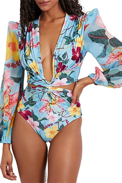 Mixbo One Piece Swimsuit, Long and Flowy Sleeves, Floral Print, Mixbo, size S