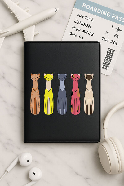Cekuonline Black Vinyle Leather Passport Cover Case for All Countries' Passports Cat Trinket