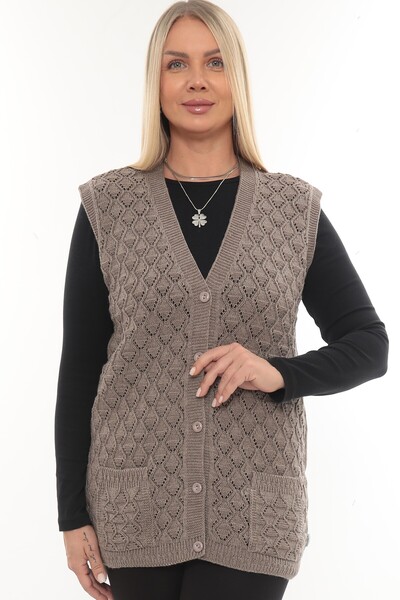 İKSUN Γυναικείο χειμερινό γιλέκο μαμάς με λαιμόκοψη σε σχήμα V από χοντρό μαλλί μοντέλο Baklava με τσέπες με κουμπιά