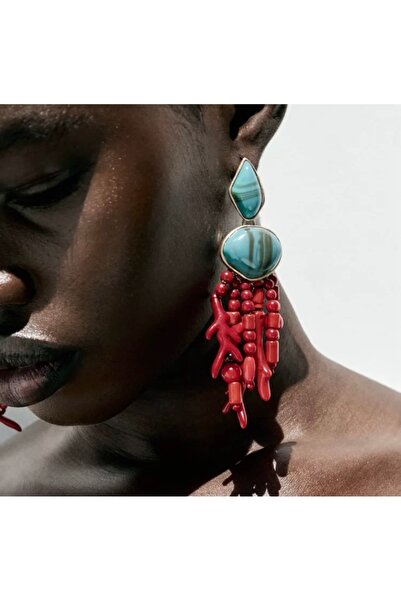 SU PERİSİ TAKI BİJUTERİ Marka Model Turkuaz Taşlı Mercan Küpe