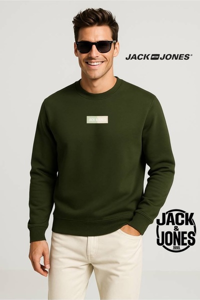 Jack & Jones JACK JONES Erkek Bisiklet Yaka Sweatshirt Haki Koyu Yeşil