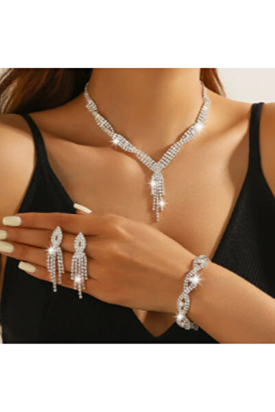 SE Jewellery Collection Selin Ersoy Zirkon Taşlı Sallantılı Işıltılı Gelin Düğün & Davet Takı Seti (Kolye, Küpe, Bileklik)