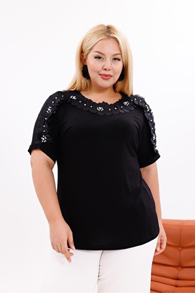 Siyezen Bluză cu volane și detalii cu perle, mărime mare