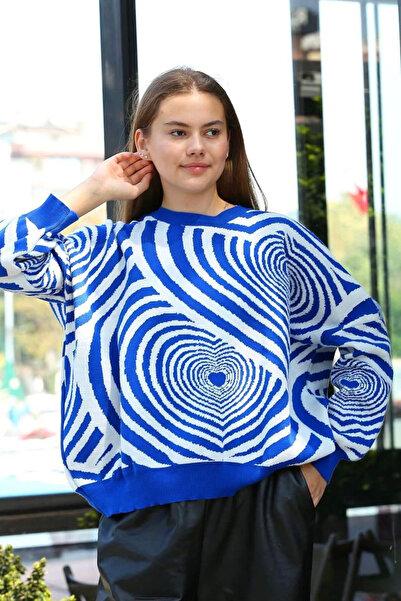 Zerenyus White Heart Striped Crew Neck Sweater Saks Blue