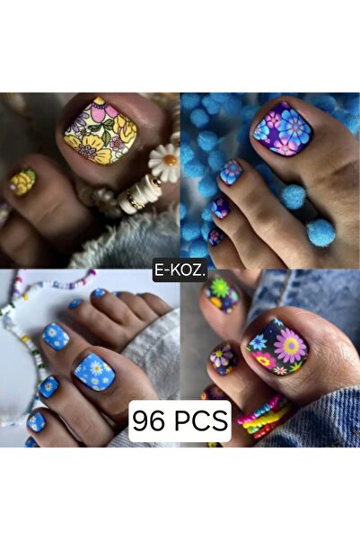Butik Renkli Çiçek Desenli Renkli 4 Set 96 Adet Takma Ayak Tırnak Seti