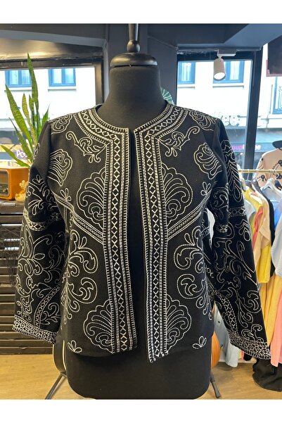 QUSİ سترة نسائية طويلة الأكمام مطرزة بالكشمير