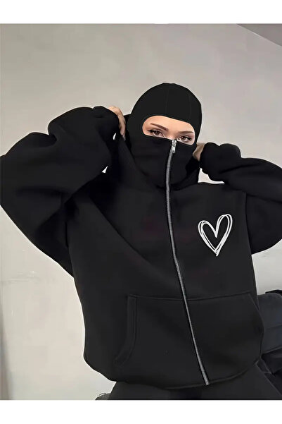 DİSCOST Kadınlar İçin Kalp Desenli, Yıkanabilir, Günlük Kapüşonlu Fermuarlı Sweatshirt