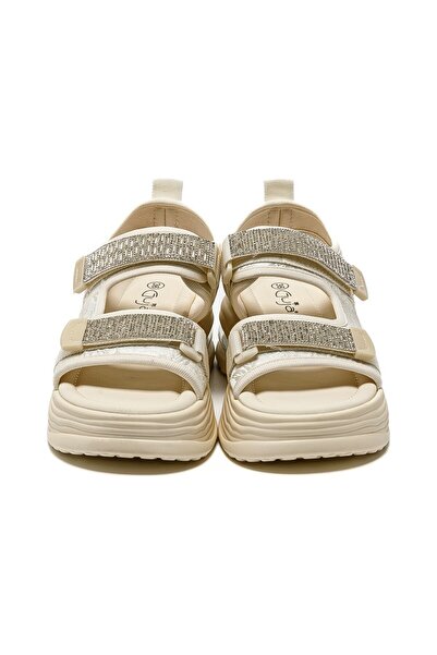 Guja 25Y417 Beige Women's Stone Velcro Sequined Orthopedic Thick Orthopedic Sole Summer Sports Sandals Shoes
