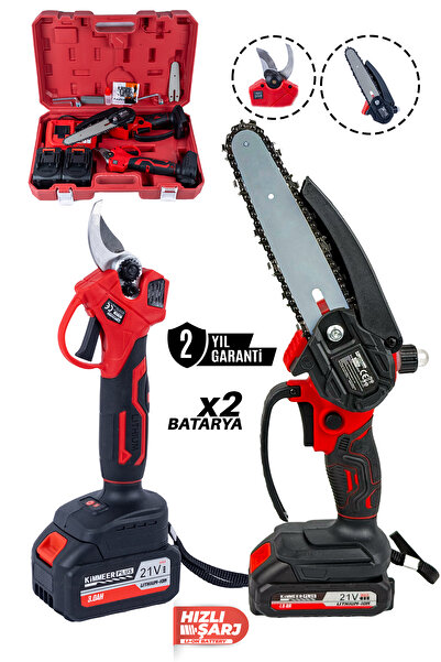 KİMMEER PLUS 21v Çift Akülü Çelik Şanzıman Dal Budama Makası & Testeresi 2 Li...