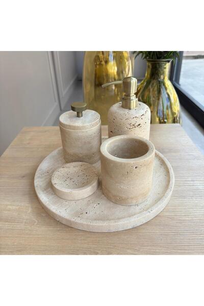 LİSPERA طقم حمام من الرخام الترافرتين مكون من خمس قطع مع جهاز عتيق، طقم حمام ...