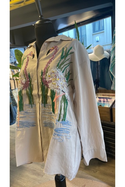 Forever Women's Stone Embroidered Patterned Long Sleeve Cotton Shirt