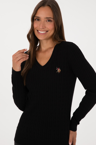 U.S. Polo Assn. Women's Black V-Neck Basic Sweater 50307700-Vr046