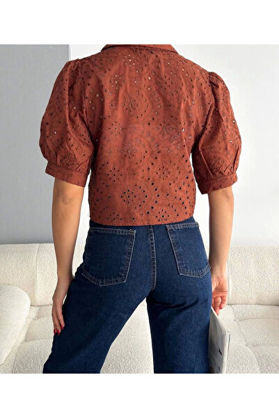 Zerenyus Embroidered Crop Shirt Brown
