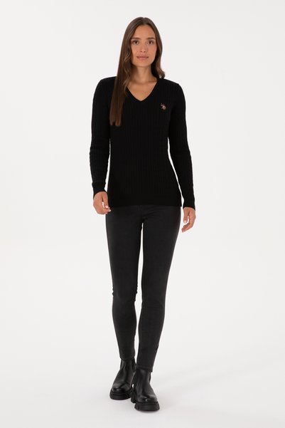 U.S. Polo Assn. Women's Black V-Neck Basic Sweater 50307700-Vr046