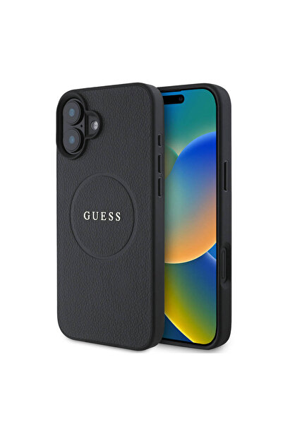 Guess Husa iPhone 16 Plus Grained Gold Ring MagSafe, negru, GUHMP16MPGHSMMK