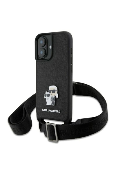 Karl Lagerfeld Husa iPhone 16 Karl Lagerfeld Saffiano Crossbody, negru, Metal...